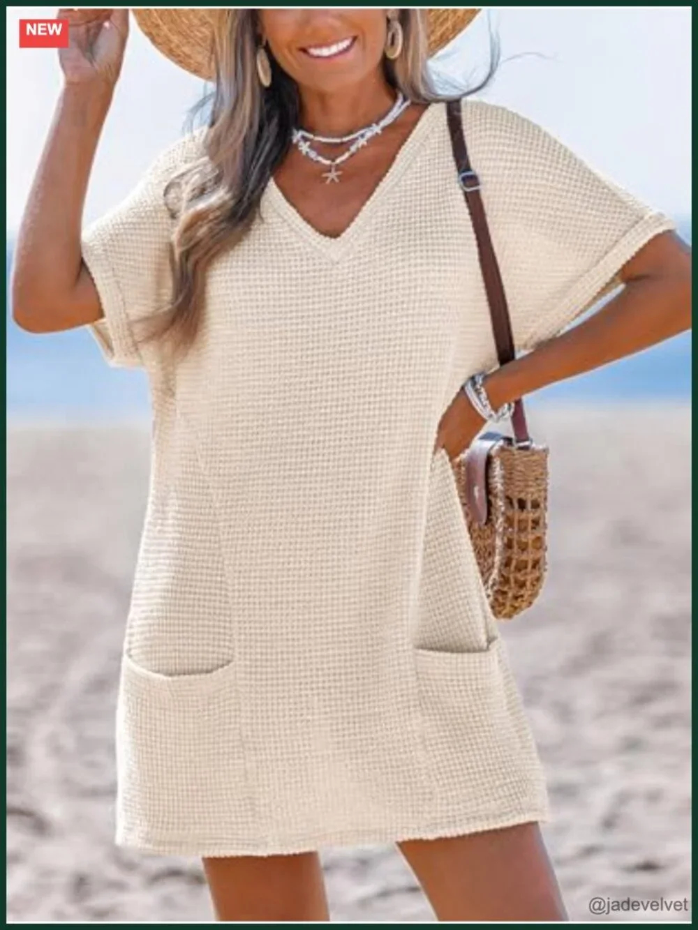 Waffle Knit V Neck Short Sleeve Beach Coverup Dress with Pockets